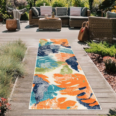 World Rug Gallery Palm Floral Leaves Indoor/Outdoor Runner Rug 2' x 7' Runner Multi 5553MULTI2X7